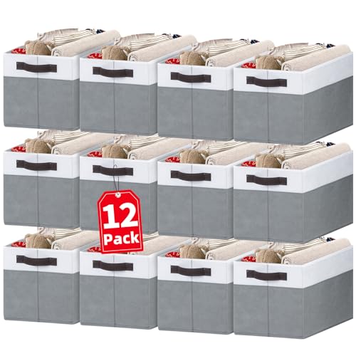 12 Pack Large Storage Baskets for Shelves | Fabric Closet Organizers and Storage Bins with Handles for Home Organization | Decorative Collapsible Basket for Organizing Clothes Toy Nursery - color: White with Grey, size: 12pcs - Rectangular 14"x10"x9.5"