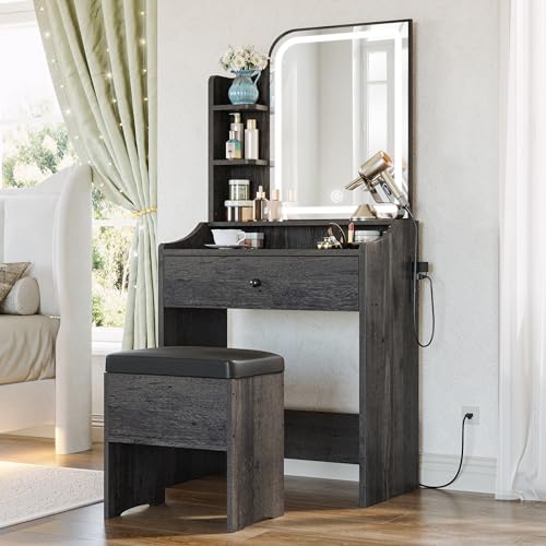 LIKIMIO Small Vanity Desk with Mirror Lights and Storage Stool | Charcoal grey compact vanity with 3 light modes, charging station, storage drawer, 3 shelves and upholstered stool - color: Charcoal Grey