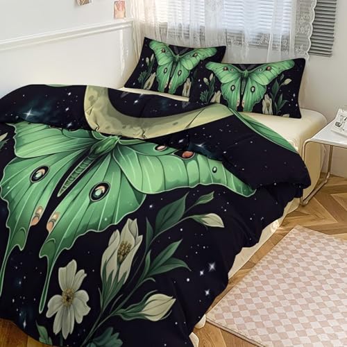 Boho Green Moth Moon 3 Piece Reversible Bedding Set 79"x90",Double Sided Brushed Microfiber Duvet Cover Set with 2 Pillowcases Soft Breathable Comforter Cover for Home - color: Boho Green Moth Moon, size: 79"x90"