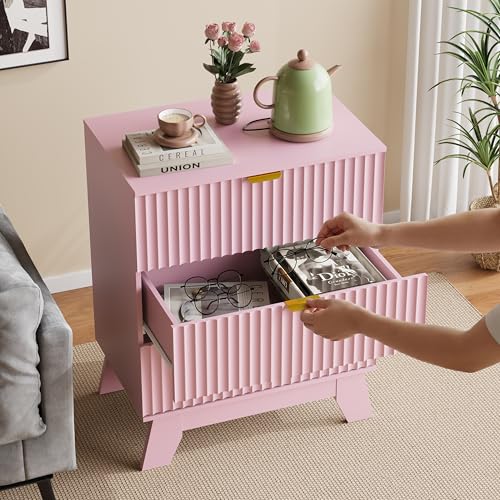 Fluted Nightstand with 3 Large Drawers, Wooden Side End Table with Elevated Legs for Easy Cleaning, Sturdy Modern Beside Table for Small Space, Bedroom, Pink, 24" L - color: Pink