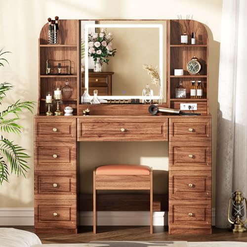 Arulvmrn 43" Makeup Vanity Desk with Mirror and Lights, & Power Outl, Glass Top Big Vanity Table with 9 Drawers& 8 Storage Shelves, Dressing Table Set with Chair for Bedroom, Walnut - color: Walnut