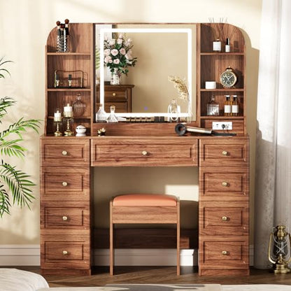 Arulvmrn 43" Makeup Vanity Desk with Mirror and Lights, & Power Outl, Glass Top Big Vanity Table with 9 Drawers& 8 Storage Shelves, Dressing Table Set with Chair for Bedroom, Walnut - color: Walnut