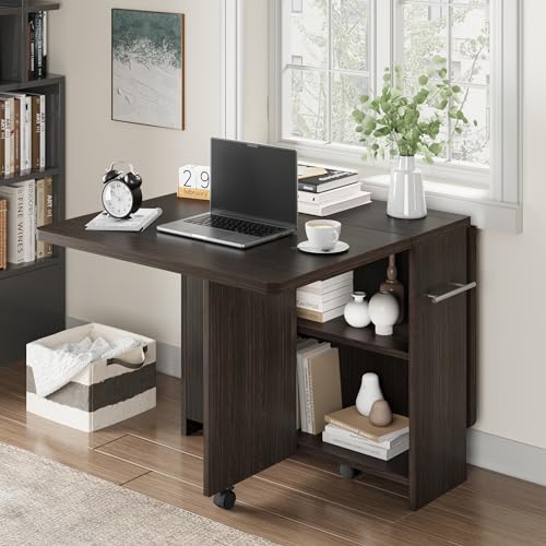 Folding Dining Table with 2-Layer Storage Rack, Drop Leaf Tables, Black | Small Spaces, Foldable Dining Table with 3 Wheels, Kitchen Table, Dining Room - color: Dark Walnut, size: 47.2"D x 23.6"W x 29.5"H