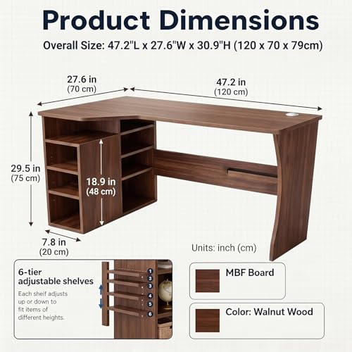 Garvee L Shaped Desk with Storage Shelves, Small Corner Desk for Small Spaces, Corner Table with 3 Tier Shelves, Home Office, Writing Study Gaming Desk, Walnut Wood