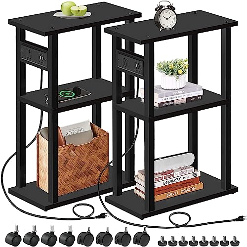 TUTOTAK Small Narrow Side Table, Set of 2 Skinny End Table | for Small Spaces, Slim Nightstand with USB Ports and Outlet,Sofa Beside Table with Wheels, Black TB01BK047 - color: Black, size: 2 PC, style: With Plug