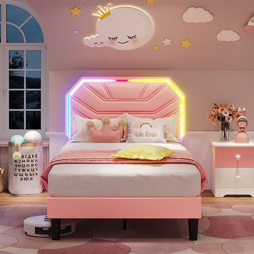 LIKIMIO Upholstered Twin XL Bed Frames with LED Light Headboard | Modern Cama Twin XL Platform Bed Frame with Heavy Duty Supports, No Box Spring Need, Noise Free, Easy Assembly, Princess Pink - color: Princess Pink, size: Twin XL