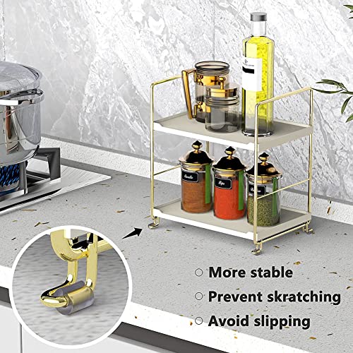 2-Tier Kitchen Spice Rack - Freestanding Stackable Bathroom Countertop Storage Shelf - Cosmetic Organizer Holder- Square Standing Rack (Golden) - color: Golden