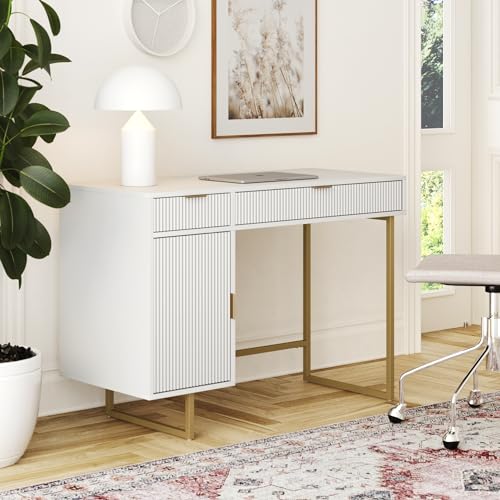 Nathan James Jacklyn White Modern Computer Desk, Workstation or Writing Desk for Small Spaces with Drawers and Cabinet Storage, White/Pale Gold - color: White/Pale Gold