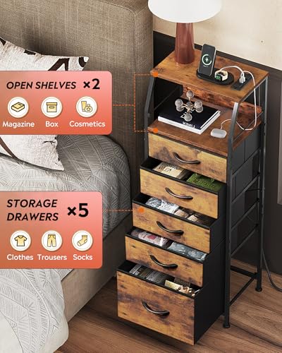 WLIVE LED Nightstand with Charging Station, Fabric Dresser with 5 Drawers for Bedroom, Tall Night Stand with Open Shelves, Bed Side Tables Living Room, Rustic Brown - color: Rustic Brown Wood Grain Print, size: 5 Drawers