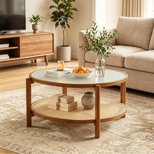 Giantex Rattan Coffee Table, 35" Farmhouse Glass Center Table with Storage, Frosted Tempered Glass Top & Solid Wood Leg, Small Accent Tea Table, Round Coffee Table for Living Room, Small Space, Walnut - color: Walnut