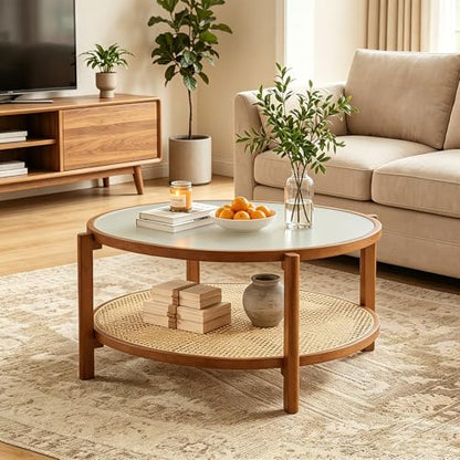 Giantex Rattan Coffee Table, 35" Farmhouse Glass Center Table with Storage, Frosted Tempered Glass Top & Solid Wood Leg, Small Accent Tea Table, Round Coffee Table for Living Room, Small Space, Walnut - color: Walnut