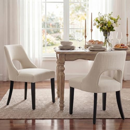 UVV Wooden Dining Chairs Set of 6, Mid Century Upholstered Dining Room Chair Kitchen Chairs, Fabric Dinner Chair with Solid Wood Legs for Kitchen Dining Room, Beige-Black Legs - color: Beige-black Legs, size: Set of 6
