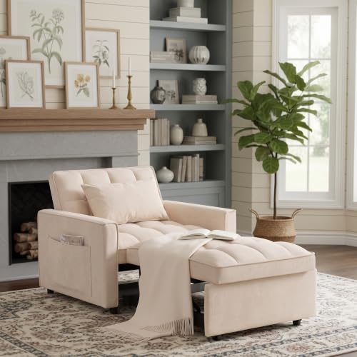 Sleeper Chair with Pull Out Bed, 3 In1 Convertible Couch Bed, White | Adjustable Backrest,Soft Cushioning,Handy Side Pocket - color: D-white-g5