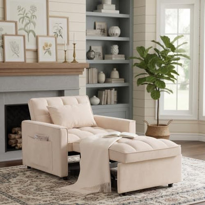 Sleeper Chair with Pull Out Bed, 3 In1 Convertible Couch Bed, White | Adjustable Backrest,Soft Cushioning,Handy Side Pocket - color: D-white-g5