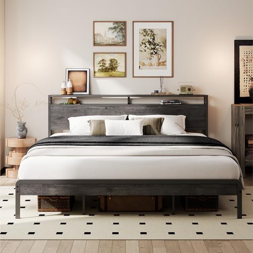 LIKIMIO California King Bed Frames with 2-Tier Storage Shelf Headboard | Dark Wood Platform Bed, Camas California King with Strong Metal Supports, Sturdy, Noise-Free, No Box Spring Needed, Grey - color: Grey, size: California King
