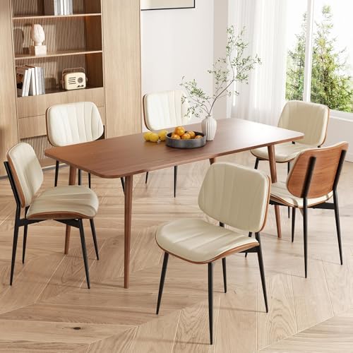 Dining Chairs Set of 6, Mid Century Modern Dining Room Chair, Upholstered Faux Leather Kitchen Chairs with Walnut Bentwood Back and Metal Legs for Kitchen Dining Room Living Room, Beige - color: Beige, size: Set of 6