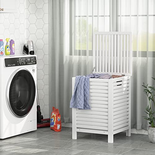 Bamboo Laundry Hamper with Lid, 120L Large Clothes Laundry Sorter with Removable 2-Section Liner Bag, Raised Laundry Basket Organizer for Clothing, Bathroom, Bedroom, Laundry Room, White - color: White