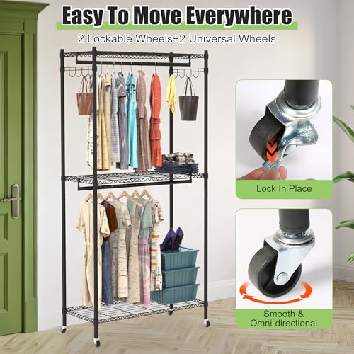 2 Tier Rolling Garment Racks with Cover, 35.43'' x 17.13'' x 72.44'' Portable Wardrobe Closet Covered Clothing Rack with Wheels Hooks for Bedroom Laundry Living Room - size: 35.43"D x 17.13"W x 72.44"H