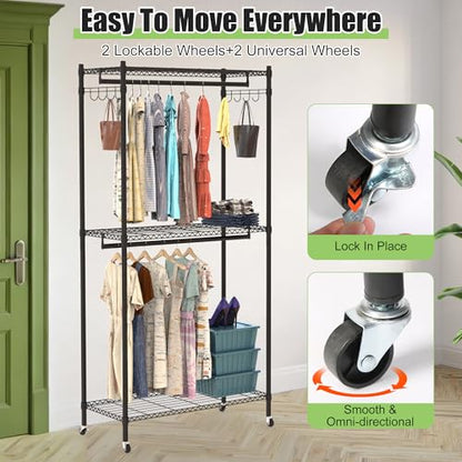 2 Tier Rolling Garment Racks with Cover, 35.43'' x 17.13'' x 72.44'' Portable Wardrobe Closet Covered Clothing Rack with Wheels Hooks for Bedroom Laundry Living Room - size: 35.43"D x 17.13"W x 72.44"H