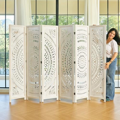 Svimi Room Divider Wood Carved Wall Divider Indoor Folding Bohemian Style Portable Partition Screen for Home Office Garden Terrace - 6 Panels (Antique, White-Washed)