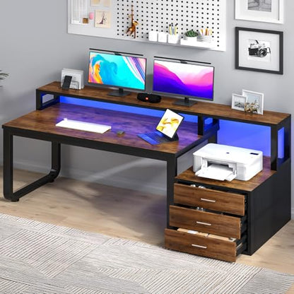 MaverickFurni 67'' Computer Desk with 3 Drawers and LED Lights, Black | Home Office Desk with Printer Shelf and Monitor Stand, Gaming Desk with LED Lights, Black - color: Black and Walnut