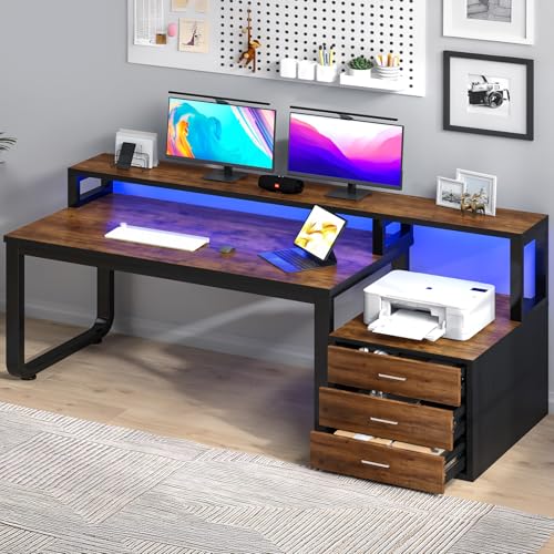 MaverickFurni 67'' Computer Desk with 3 Drawers and LED Lights, Black | Home Office Desk with Printer Shelf and Monitor Stand, Gaming Desk with LED Lights, Black - color: Black and Walnut