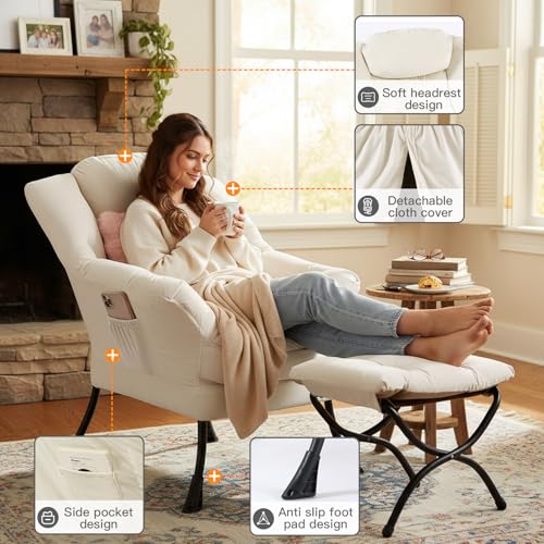 Lazy Chair with Ottoman, Comfy Reading Chair for Bedroom, Beige | Comfy Bedroom Accent Chair with Washable Removable Cover and extra throw pillow for Living Room Dorm - color: Velvet Beige
