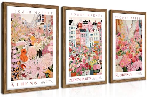 Floral Wall Art Set of 3, Colorful Flower Market Canvas Wall Decor Paintings, Pink Wildflower Botanical Posters Prints Pictures Artwork for Bedroom Living Room 12x16 Inch Wood Framed - color: Colorful Flower, size: 16L" x 12W"