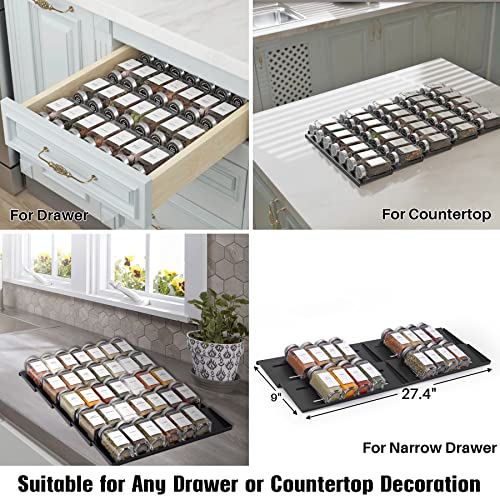 MIUKAA Spice Drawer Organizer with 34 Spice Jars, 378 Spice Labels, 5 Tier - 5 Pack Metal Spice Rack Tray for Drawer/Countertop, 13.7" Wide x 22.6" Deep (Black)