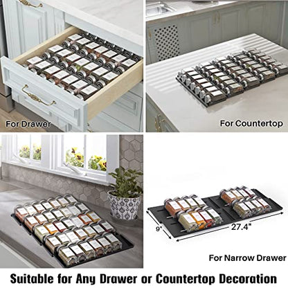 MIUKAA Spice Drawer Organizer with 34 Spice Jars, 378 Spice Labels, 5 Tier - 5 Pack Metal Spice Rack Tray for Drawer/Countertop, 13.7" Wide x 22.6" Deep (Black)