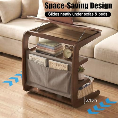 100% Solid Wood C Shaped End Table with Swivel Wheels, Lift Top Couch Table with Storage, Rolling Table that Slide Under Sofa & Bed, 15.75" D x 23.62" W x 24.8" H