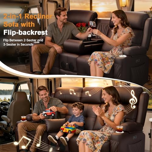 Home Theater Seating, Power Loveseat Recliner Sofa with Massage & Heat | Wall Hugger Reclining Loveseat with USB, RV Couch with LED Lights, Flip Backrest, Cup Holders for Movie Theater, Gaming Room - color: Brown, size: 72" - 2 Seats