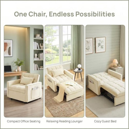 Sleeper Chair with Pull Out Bed, 3 In1 Convertible Chair Bed, White | Adjustable Backrest with Multiple Reclining Positions, Soft Cushioning, Handy Side Pocket, Perfect for Everyday Lounging - color: W-white-m1