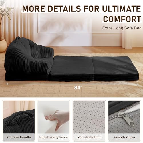 wanan Folding Sofa Bed, 3-in-1 Convertible Boneless Couch with Handle, Floor Lounger & Sleeper Chair for Adults, Comfy Folding Couch Single Sofa for Living Room Bedroom, Black - color: Black