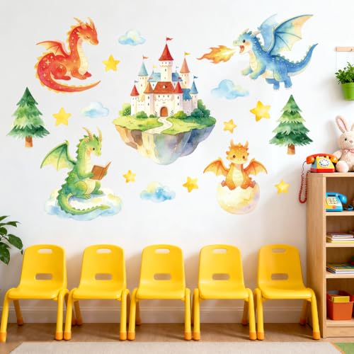 Cartoon Dragon and Castle Wall Decals, Wall Stickers Decor | 2 Sheets 11.8"x37.8" Vinyl Removable Peel and Stick Murals, Plant Decor for Bedroom, Bathroom, Office, Classroom & Home - style: Cartoon Dragon and Castle