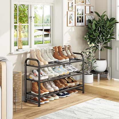 Simple Trending 3-Tier Expandable Shoe Rack, Adjustable & Stackable Shoe Organizer, Heavy Duty Metal Free Standing Shoe Shelf Storage for Closet Entryway Doorway, Black