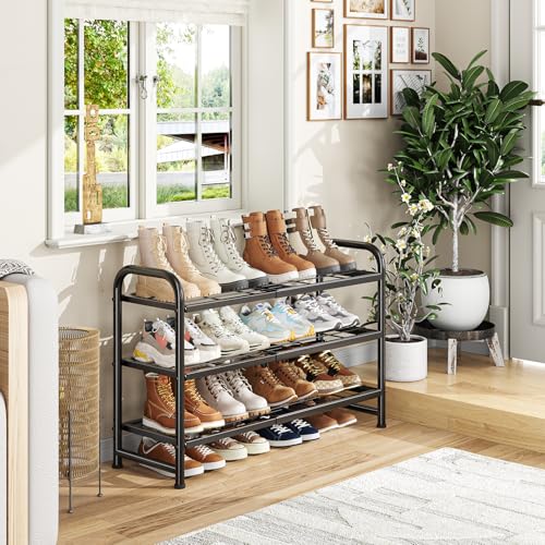 Simple Trending 3-Tier Expandable Shoe Rack, Adjustable & Stackable Shoe Organizer, Heavy Duty Metal Free Standing Shoe Shelf Storage for Closet Entryway Doorway, Black