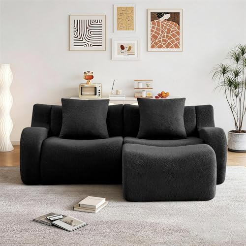 81.7” Sectional Boneless Sofa Couches, 2 Seater L-Shaped, Streamlined Design, No Assembly Modular Teddy Fabric Sofa for Living Room, Bedroom, Apartment, Home Office (Black) - color: Black02, size: 2Seat+1Ottoman