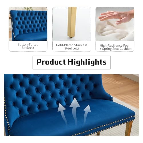Blue Velvet Dining Bench with Back, Tufted Banquette Seating, Gold Legs | Upholstered loveseat bench; tufted back; nailhead trim; 500 lb capacity; foam and spring seat; dining room or entryway - color: Blue(gold Stainless Steel Legs)
