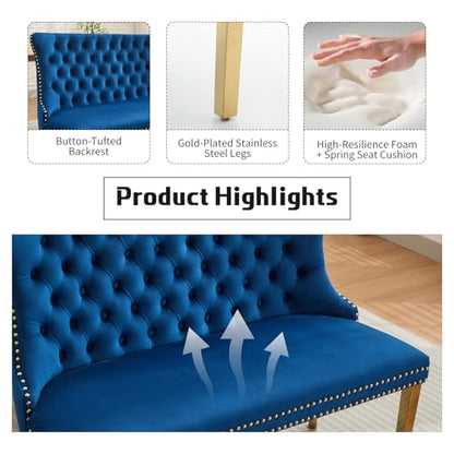 Blue Velvet Dining Bench with Back, Tufted Banquette Seating, Gold Legs | Upholstered loveseat bench; tufted back; nailhead trim; 500 lb capacity; foam and spring seat; dining room or entryway - color: Blue(gold Stainless Steel Legs)
