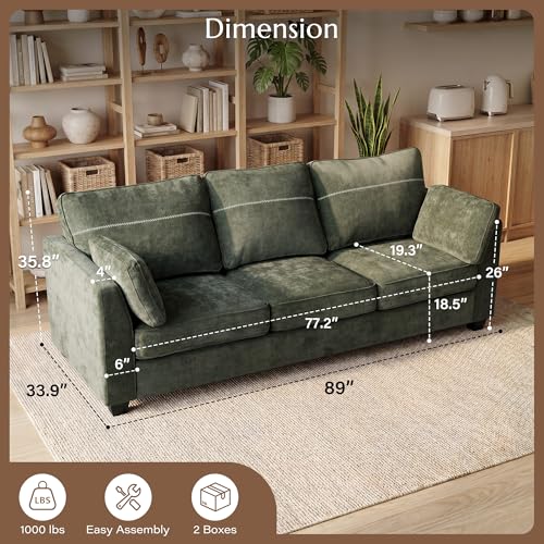 89" Sofa, Chenille 3-Seater Sofa with 2 Pillows, Green | Easy Assembly, Pocket Spring Cushions, Comfy Modern Small Couch for Living Room, Bedroom, Apartment, Office - color: Green, size: 89" 3-Seater Sofa