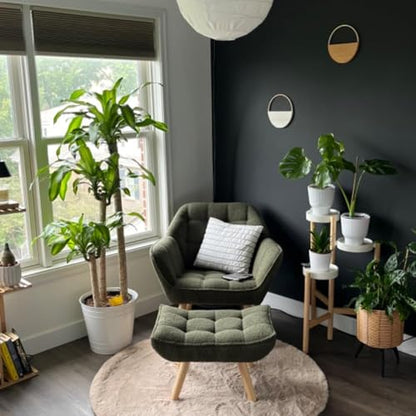 Green Sherpa Accent Chair with Ottoman ，Modern Reading Chairs with Ottoman Set, Comfy Fuzzy Armchair Living Room Chair Lounge Chair with Wood Legs for Small Spaces Bedroom Apartment - color: Green, size: Chair with Ottoman