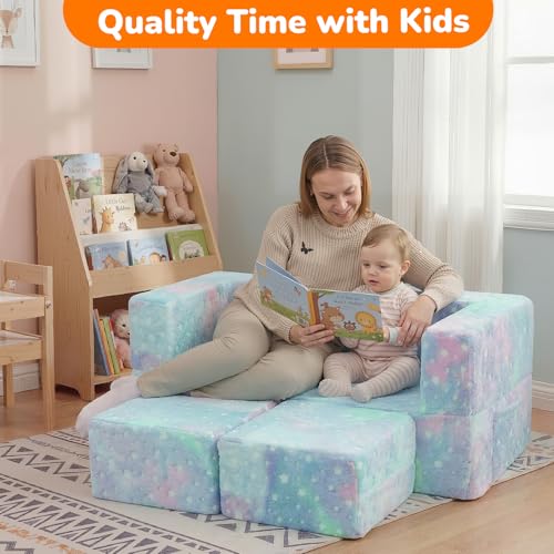 MeMoreCool Glow in Dark Star Kids Couch, Modular Fold Out Loveseat | Glow in dark star kids couch, colorful modular loveseat for bedroom playroom furniture - color: Colourful Star