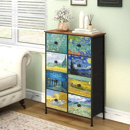 EXOTICA Tall Dresser with 8 Drawer for Bedroom Narrow Van Gogh Chest of Drawers for Hallway Closet Living Room Steel Frame Rustic Brown Wood Grain Wood Top - size: 26.6"D x 11.8"W x 39.4"H (8 Drawers)