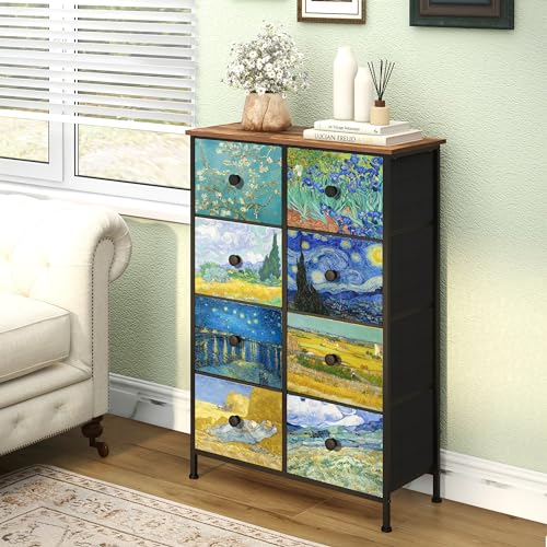 EXOTICA Tall Dresser with 8 Drawer for Bedroom Narrow Van Gogh Chest of Drawers for Hallway Closet Living Room Steel Frame Rustic Brown Wood Grain Wood Top - size: 26.6"D x 11.8"W x 39.4"H (8 Drawers)