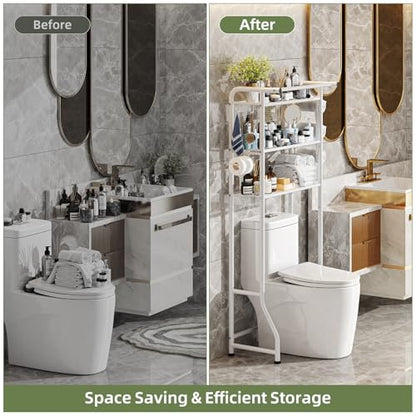 Simple Trending 3 Tier Over The Toilet Storage Rack, Metal Bathroom Shelf, Bathroom Stand Organizer Space Saver with Paper Holder and Hooks, White - color: White With Towel Rack