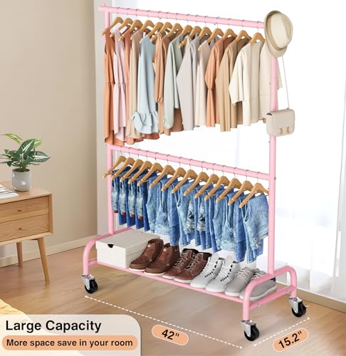 MISSLO Heavy Duty Clothing Racks for Hanging Clothes Rack Double Rod Garment Rack Rolling Closet Wardrobe Rack on Wheels, Metal, Adjustable (Pink) - color: Pink
