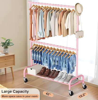 MISSLO Heavy Duty Clothing Racks for Hanging Clothes Rack Double Rod Garment Rack Rolling Closet Wardrobe Rack on Wheels, Metal, Adjustable (Pink) - color: Pink