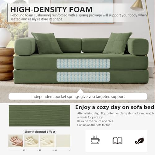 HANXIN 78 Inch Convertible Sleeper Sofa Bed, Folding Floor Mattress Couch with Fixed-Shape Frame, Futon Boneless Couch Lounge Loveseat with Pull Out Bed, No Assembly Required (Green) - color: Green, size: 78" Loveseat Sofa Bed