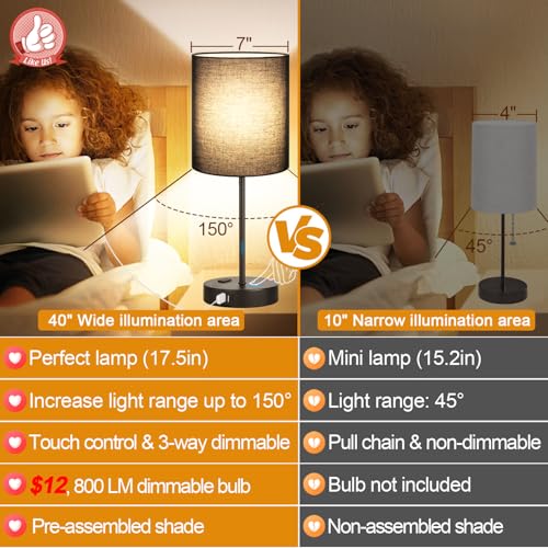 Lynnoland 2 Pack Touch Control Table Lamps with 2 USB & AC Outlet, 3-Way Dimmable Bedside Nightstand Lamps for Bedroom Living Room Nursery, 800 Lumens 3000K Warmlight Bulbs Included - color: (2 Pack)Black & Black(Base)-3000K Bulbs Included